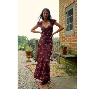 Free People Dainty Lace Retro 90s Butterfly Babe Maxi Dress in Brown Combo Large